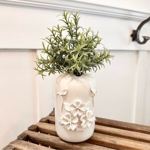 Ivory/White Ceramic Vase W/3D Floral Detail & Artificial Greenery Gorgeous Decor